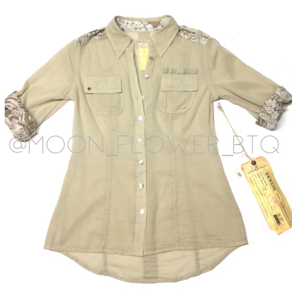 Da-Nang Woven Mastic Button Up Blouse • Tan Floral Trim • Roll Tab Sleeves - Picture 2 of 13